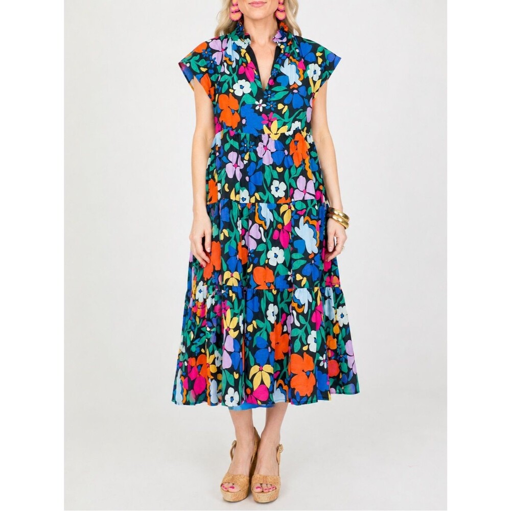 Pinch Colorful Floral Midi Dress Tiered Cotton Ruffle Neck Boho Size Small